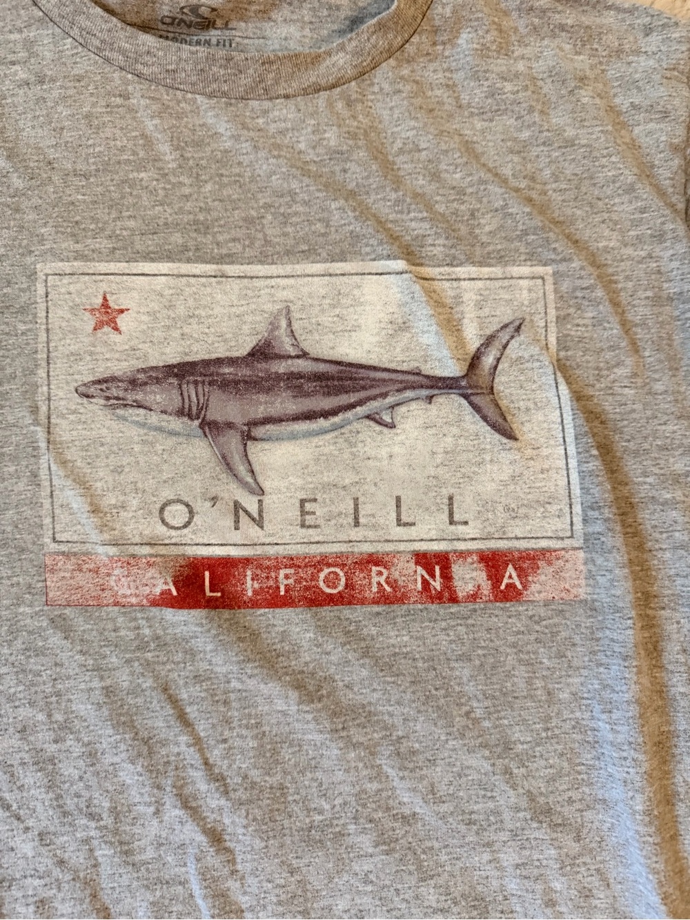O'Neill Gray Short-Sleeve Shark Graphic Tee with Red Accent